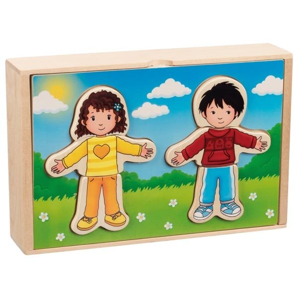 Παζλ αγοριών και κοριτσιών σε ξύλινο κουτί
